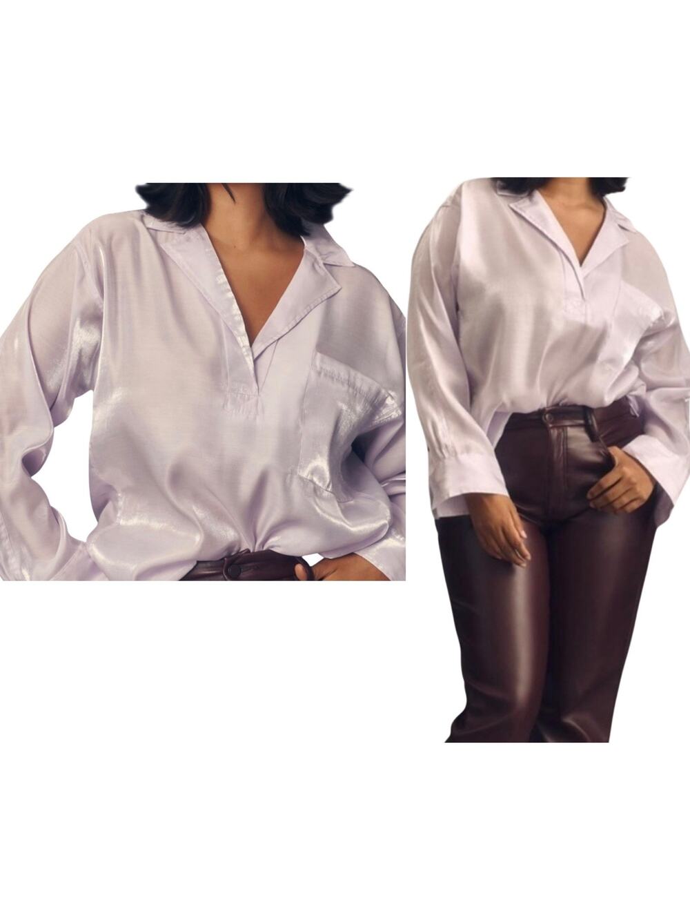 NEW Pilcro Anthropologie Dreamcore Shine Henley Long Sleeve Blouse Lilac Medium